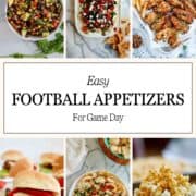 A collage of six football appetizers: bean salad, Greek salad, chicken wings with fries, sliders, dip with chips, and popcorn. Text in the center reads Easy Football Appetizers For Game Day..