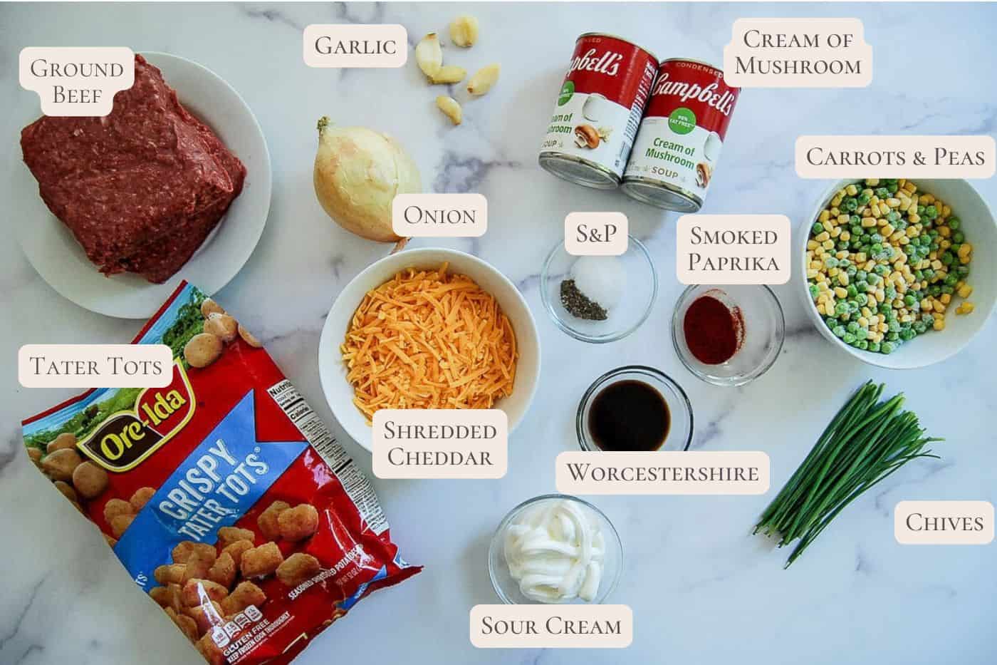 Ingredients for a tater tot casserole are arranged on a white surface and labeled, including ground beef, tater tots, shredded cheddar, onion, garlic, carrots & peas, cream of mushroom, S&P, smoked paprika, Worcestershire, sour cream, and chives.
