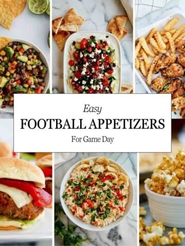 A collage of football appetizers-dips, fries, wings, burgers, nachos, and popcorn-with the text